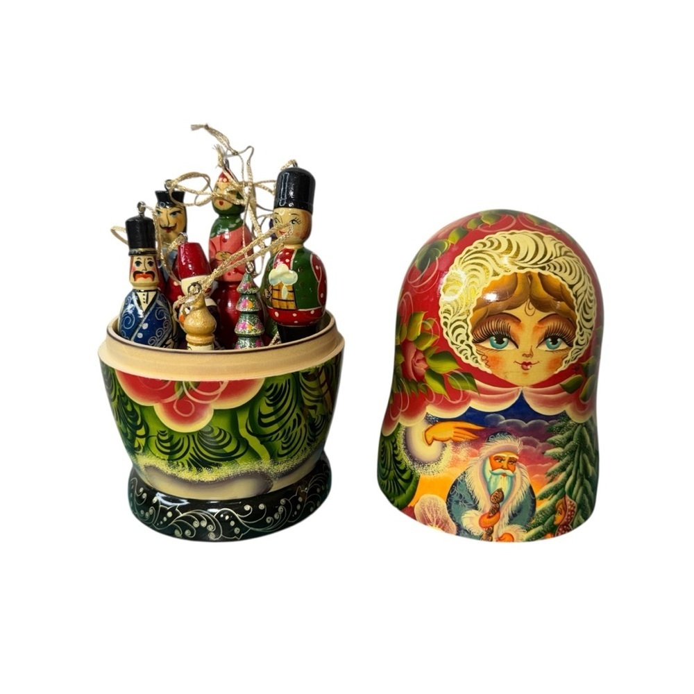 Vintage Russian Christmas Matryoshka Doll with 8 Ornaments Inside